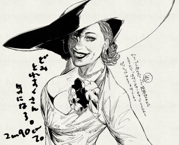 1girl absurdres alcina_dimitrescu bakushi_(smys2017) breasts cleavage commentary_request dress greyscale grin hat highres jewelry large_breasts looking_at_viewer monochrome necklace resident_evil resident_evil_village short_hair simple_background smile solo sun_hat translation_request upper_body