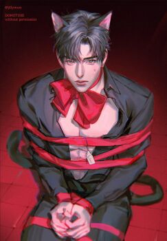 Rule 34 | 1boy, animal ears, black hair, black pants, black shirt, bound, bound wrists, bow, cat boy, cat ears, cat tail, closed mouth, collared shirt, green eyes, hair between eyes, highres, kemonomimi mode, kneeling, looking at viewer, love and deepspace, male focus, munjilly, neck ribbon, open clothes, open shirt, own hands together, pants, parted bangs, pectorals, red bow, red ribbon, ribbon, shirt, short hair, solo, sweatdrop, tail, tile floor, tiles, twitter username, zayne (love and deepspace)