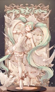 1girl 39 armlet asymmetrical_legwear ballerina ballet_slippers beamed_eighth_notes beamed_sixteenth_notes bird blush character_name closed_eyes commentary dove dress eighth_note flat_chest gold_armlet gramophone_miku green_hair hair_between_eyes hair_ornament hand_on_own_chest hatsune_miku highres long_hair miku_day miku_symphony_(vocaloid) musical_note musical_staff official_alternate_costume official_alternate_hairstyle open_mouth quarter_note shiiro_illust single_thighhigh smile strapless strapless_dress thighhighs tutu twintails very_long_hair vocaloid white_dress white_thighhighs