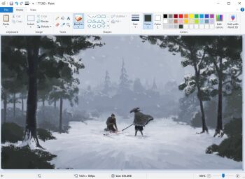 2others art_program_in_frame blurry christian_young commentary depth_of_field english_commentary forest full_body ghost_of_tsushima grey_cloak hat holding holding_staff microsoft_paint_(medium) microsoft_paint_(software) multiple_others nature outdoors ryuzo_(ghost_of_tsushima) sakai_jin scenery screencap sitting snow snowing staff standing tree