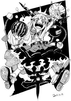 1girl belt black_footwear blush blush_stickers bobby_socks bow bowtie chain clenched_hand cube dated food fruit gourd greyscale hair_bow heran_hei_mao highres holding holding_food ibuki_suika immaterial_and_missing_power long_hair looking_at_viewer low-tied_long_hair monochrome moon name_connection object_namesake open_mouth orb punching pyramid_(structure) sharp_teeth shoe_soles shoes skirt sleeveless smile socks teeth touhou watermelon