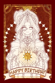 Rule 34 | 1girl, banner, beads, beret, chinese commentary, closed mouth, commentary, commentary request, cowboy shot, cross, cross earrings, dress, earrings, english commentary, english text, eyelashes, greyscale with colored background, happy birthday, hat, hat feather, hexagram, highres, holding, holding star, infinity nikki, jewelry, layered sleeves, light smile, long hair, long sidelocks, long sleeves, mixed-language commentary, monocle, necklace, nikki (nikki), nikki (series), outline, picture frame, priest, red background, robe, round eyewear, shier dao de, short over long sleeves, short sleeves, sidelocks, silent ode (infinity nikki), solo, star (symbol), straight-on, turtleneck, turtleneck dress, wavy hair, white outline