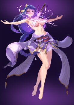 1girl armpits bad_id bad_pixiv_id between_breasts breasts convenient_censoring full_body genshin_impact hair_ornament highres human_scabbard japanese_clothes jewelry katana kimono large_breasts lightning long_hair long_sleeves looking_at_viewer mitsudomoe_(shape) obi off_shoulder pendant purple_eyes purple_hair purple_kimono raiden_shogun sash solo sword t-pose tomoe_(symbol) topless_female vision_(genshin_impact) wangjook_(wj) weapon wide_sleeves