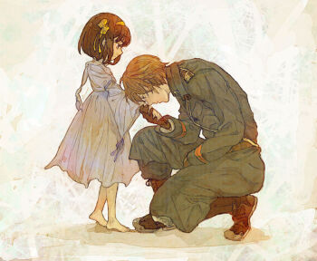 Rule 34 | 1boy, 1girl, aged down, barefoot, brown hair, dress, koizumi itsuki, military, military uniform, on one knee, short hair, suzumiya haruhi, suzumiya haruhi no yuuutsu, time paradox, yukasu