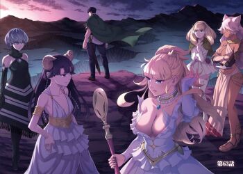 5girls adjusting_hair amber_idonokan animal_ears blonde_hair blue_eyes breasts cape cat_ears choker cleavage cloud dark-skinned_female dark_skin dress evening feet flat_chest floating_hair granat_needakitta grey_hair height_difference highres holding holding_staff horns jewelry kekkon_yubiwa_monogatari large_breasts legs long_hair looking_at_another maybe mountain multiple_girls nephrites_lomka nonaka_himeno official_art one_side_up outdoors parted_lips pendant pink_hair pointy_ears purple_eyes purple_hair ring saphir_maasa short_hair sky small_breasts staff standing thighs toes wedding_band wind yellow_eyes