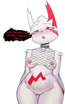 1girl absurdres animal_ears animal_nose arms_behind_back bare_shoulders belly black_eyes black_shirt blush body_fur bottomless breasts breasts_apart choker cleft_of_venus collarbone colored_sclera cowboy_shot crop_top embarrassed english_text fang female_focus fir3born fishnet_top fishnets furry furry_female gen_3_pokemon groin half-closed_eyes highres looking_up mature_female medium_breasts navel nintendo nipples nose_blush open_mouth personification pokemon pokemon_(creature) pussy raised_eyebrow red_fur red_sclera see-through_clothes see-through_shirt shirt simple_background sleeveless sleeveless_shirt solo speech_bubble spiked_choker spikes standing stomach striped_fur sweat talking thick_thighs thighs two-tone_fur uncensored underboob white_background white_fur wide_hips zangoose