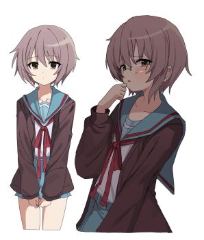 absurdres black_cardigan blue_sailor_collar blue_skirt blush cardigan collarbone cowboy_shot cropped_legs dual_persona expressionless furrowed_brow glasses hand_to_own_mouth hand_up highres kita_high_school_uniform kyamimasita long_sleeves multiple_views nagato_yuki open_cardigan open_clothes parted_lips purple_hair red_ribbon ribbon sailor_collar school_uniform semi-rimless_eyewear serafuku shirt short_hair shy simple_background skirt suzumiya_haruhi_no_shoushitsu suzumiya_haruhi_no_yuuutsu v_arms white_background white_shirt winter_uniform yellow_eyes