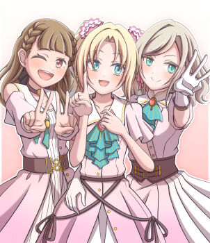 3girls ;d aqua_ascot aqua_eyes ascot bare_shoulders blonde_hair blue_eyes braid brown_hair center-flap_bangs ceras_yanagida_lilienfeld clothing_cutout coat_dress collarbone commentary_request cowboy_shot curtained_hair double_v dream_believers dress elbow_gloves fang finger_counting flower fold-over_gloves ganbarai gloves gradient_background grey_hair hair_flower hair_ornament hair_ribbon highres ichigo_123_(love_live!) index_finger_raised kachimachi_kosuzu link!_like!_love_live! long_sleeves looking_at_viewer love_live! middle_w multiple_girls official_alternate_costume one_eye_closed open_mouth osawa_rurino parted_bangs pink_background pink_dress pink_eyes pink_flower pink_ribbon pleated_dress puffy_long_sleeves puffy_sleeves ribbon short_sleeves shoulder_cutout side_braids simple_background smile twintails v virtual_youtuber w wavy_hair white_gloves