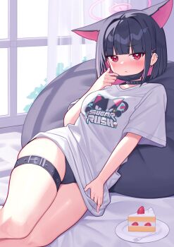 1girl :< absurdres animal_ears animal_print bed_sheet belt black_belt black_choker black_hair black_mask black_panties blue_archive blush breasts cake cake_slice cat_ears cat_print choker closed_mouth collarbone colored_inner_hair commentary curtains cushion deaver ear_piercing earrings extra_ears food fork hair_behind_ear hair_ornament hairclip halo heart heart_print highres indoors jewelry kazusa_(band)_(blue_archive) kazusa_(blue_archive) legs lifting_own_clothes looking_at_viewer mask mask_lift medium_breasts medium_hair mouth_mask multicolored_hair no_pants panties piercing pink_eyes pink_hair pink_halo plate print_shirt shirt shirt_tug short_sleeves solo stud_earrings t-shirt thigh_belt thigh_strap thighs two-tone_hair underwear white_shirt window