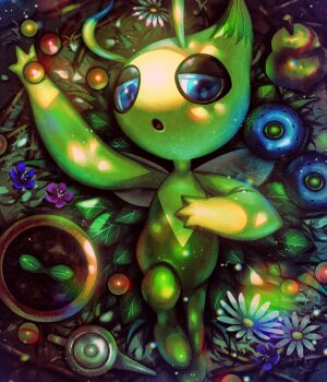 Rule 34 | 8686island, berry (pokemon), blue eyes, celebi, colored skin, commentary request, fairy wings, flower, flower pot, gen 2 pokemon, green skin, highres, legendary pokemon, looking at viewer, lying, mythical pokemon, nintendo, no humans, on back, open mouth, oran berry, plant, pokemon, pokemon (creature), pokemon focus, potted plant, variant set, watering can, wings