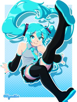 Rule 34 | 1girl, aqua eyes, aqua hair, aqua nails, aqua trim, artist name, bare shoulders, blue background, boots, commentary, detached sleeves, floating, full body, grey shirt, hair between eyes, hair ornament, hatsune miku, high heel boots, high heels, highres, leg up, long hair, looking at viewer, nail polish, necktie, nyazuliart, outline, pleated skirt, polka dot, polka dot background, shirt, skirt, sleeveless, smile, solo, thigh boots, thighhighs, twintails, very long hair, vocaloid, white outline, zettai ryouiki