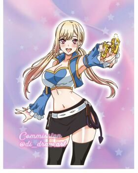 1girl bandeau black_skirt black_thighhighs blonde_hair blue_vest breasts cleavage commentary commission contrapposto cosplay cowboy_shot cropped_vest detached_sleeves di_draw.art english_commentary fairy_tail gradient_hair highres holding holding_key instagram_username key kitagawa_marin large_breasts lucy_heartfilia lucy_heartfilia_(cosplay) midriff miniskirt multicolored_hair navel open_mouth pink_eyes pink_hair skirt smile solo sono_bisque_doll_wa_koi_wo_suru star_(sky) starry_sky_background thighhighs twintails vest watermark whip white_bandeau zettai_ryouiki