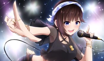 1girl alternate_hair_length_(shorter) bear_girl bear_tail black_shirt blue_nails blue_streaks brown_hair halterneck highres holding holding_microphone hololive jewelry looking_at_viewer microphone moezi multicolored_hair nail_polish official_alternate_costume open_mouth purple_eyes ring shirt short_hair streaked_hair tail teeth tokino_sora tokino_sora_(8th_costume) upper_teeth_only virtual_youtuber