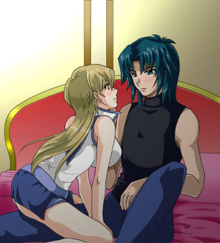 1boy 1girl ass blonde_hair blush breasts duel_academy_uniform_(yu-gi-oh!_gx) huge_breasts long_hair marufuji_ryo matsubara_kanabun microskirt obelisk_blue_uniform pairing school_uniform serafuku skirt tenjouin_asuka yu-gi-oh! yu-gi-oh!_gx