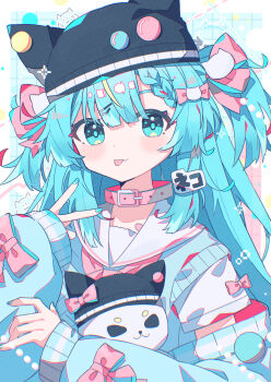 1girl :p animal_hat aramedraw black_hat blue_background blue_eyes blue_hair blue_nails blue_sweater blush bow cat_hat closed_mouth collar commentary_request fang fang_out grid_background hair_bow hand_up hat highres long_hair long_sleeves looking_at_viewer nail_polish neckerchief original pink_collar pink_neckerchief sailor_collar signature skin_fang sleeve_bow solo stuffed_animal stuffed_cat stuffed_toy sweater text_hair_ornament tongue tongue_out two_side_up upper_body v white_sailor_collar
