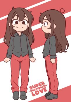 1girl brown_hair casytay collared_shirt dot_nose double-parted_bangs english_text from_side full_body grey_shirt highres long_hair multiple_views original pants red_pants reference_sheet shirt sidelocks simple_background smile solo standing white_background