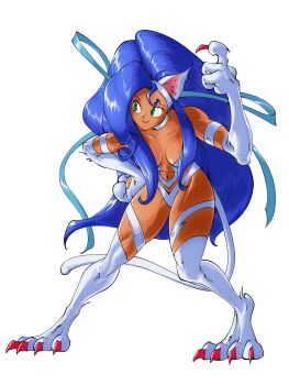 1girl animal_ears animal_hands bare_shoulders blue_hair breasts cat_ears cat_girl cat_tail dark-skinned_female dark_skin darkstalkers felicia_(darkstalkers) green_eyes haru_ch1 large_breasts long_hair tail very_long_hair white_background white_fur