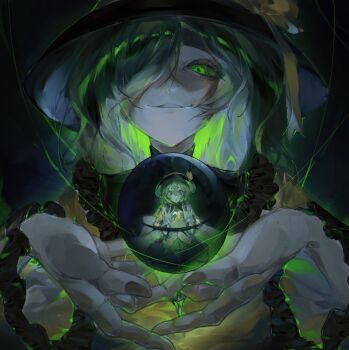 1girl black_hat bow buttons diamond_button eyeball frilled_shirt_collar frilled_sleeves frills green_eyes green_hair green_skirt hair_over_one_eye hat hat_bow hat_ribbon keikeikeicha komeiji_koishi reflection ribbon shirt skirt smile third_eye touhou wide_sleeves yellow_bow yellow_ribbon yellow_shirt
