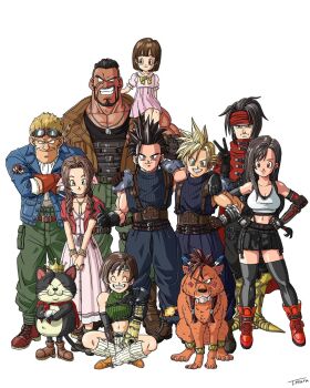 4girls 6+boys aerith_gainsborough arm_around_shoulder armor ascot baggy_pants bare_shoulders barret_wallace belt belt_buckle black_gloves black_hair black_skirt black_thighhighs blonde_hair blue_eyes blue_jacket boots bracelet breasts brown_boots brown_hair brown_vest buckle cait_sith_(final_fantasy) carrying cat cid_highwind cloak closed_eyes closed_mouth cloud_strife collarbone commentary_request crop_top cropped_sweater crossed_arms dark-skinned_male dark_skin dog_tags dragon_ball dress drill_hair drill_sidelocks earrings elbow_gloves facial_mark facial_scar facing_viewer final_fantasy final_fantasy_vii final_fantasy_vii_rebirth final_fantasy_vii_remake full_body gloves goggles goggles_on_head green_eyes green_pants green_sweater grin hair_ribbon hands_on_own_hips headband highres indian_style jacket jewelry large_breasts long_hair looking_at_viewer low-tied_long_hair marlene_wallace midriff multiple_boys multiple_girls navel on_shoulder open_clothes open_jacket orange_fur pants parted_bangs pink_dress pink_ribbon red_boots red_cloak red_eyes red_headband red_jacket red_xiii ribbed_socks ribbon scar scar_on_cheek scar_on_face short_hair shoulder_armor shoulder_carry sidelocks signature simple_background single_arm_guard sitting skirt sleeveless sleeveless_turtleneck smile socks spiked_hair standing straight-on suspender_skirt suspenders sweater takeshi_miura tank_top thighhighs thumbs_up tifa_lockhart toriyama_akira_(style) turtleneck turtleneck_sweater v vest vincent_valentine white_ascot white_background white_socks white_tank_top yuffie_kisaragi zack_fair zettai_ryouiki