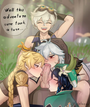 4boys aether_(genshin_impact) artist_name bare_shoulders bennett_(genshin_impact) blonde_hair blush bottomless braid braided_ponytail censored closed_eyes cooperative_fellatio english_text erection fellatio gangbang genshin_impact goggles goggles_on_head grass green_hat grey_hair group_sex hat highres hood hood_up licking licking_penis male_focus mosaic_censoring multiple_boys open_mouth oral outdoors penis razor_(genshin_impact) red_eyes speech_bubble teamwork_(sexual) testicle_sucking testicles tongue tongue_out trap venti_(genshin_impact) vyjalanas yaoi