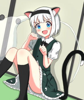 1girl animal_ear_fluff animal_ears black_bow black_bowtie black_hairband black_socks blue_eyes blush bow bowtie cat_ears cat_girl cat_tail collared_shirt commentary_request fusuma green_skirt green_vest grey_hair hairband highres hitodama hitodama_print indoors kemonomimi_mode kneehighs konpaku_youmu konpaku_youmu_(ghost) looking_at_viewer open_mouth pancetta_(twitter_1735264787037396992) paw_pose puffy_short_sleeves puffy_sleeves shirt short_sleeves sitting skirt skirt_set sliding_doors smile socks solo tail touhou vest white_hair white_shirt