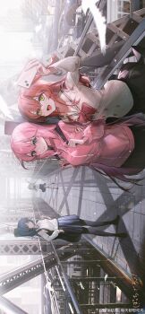 Rule 34 | 4girls, absurdres, ahoge, arm up, black pantyhose, black ribbon, black skirt, blonde hair, blue eyes, blue hair, blue skirt, bocchi the rock!, bow, bridge, building, chinese commentary, city, cityscape, collared shirt, commentary, copyright name, cowlick, detached ahoge, gotoh hitori, green eyes, guitar case, hair between eyes, highres, holding, holding leaf, holding phone, ijichi nijika, instrument case, kita ikuyo, leaf, light rays, loafers, long hair, long sleeves, looking at viewer, multiple girls, neck ribbon, neckerchief, one side up, pantyhose, parted bangs, pedestrian bridge, phone, pink hair, pink track suit, pleated skirt, railroad tracks, red bow, red eyes, red hair, red neckerchief, ribbon, rotated, sailor collar, school uniform, selfie, shimokitazawa high school uniform, shirt, shoes, shuka high school uniform, side ponytail, sidelocks, simple bird, skirt, skyscraper, socks, tactile paving, track suit, train, train station, very long hair, watermark, waving, weibo watermark, white sailor collar, white shirt, white socks, xtears kitsune, yamada ryo, yellow eyes