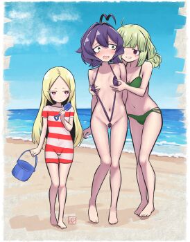 3girls absurdres araga_kiwi barefoot beach bikini blonde_hair blue_sky border breasts bucket closed_mouth commentary constricted_pupils covered_navel elementary_(lolipope) flat_chest full_body grabbing_another&#039;s_breast green_bikini green_hair grin groin groping highres hiiragi_utena holding holding_bucket holding_trowel mahou_shoujo_ni_akogarete morino_korisu multiple_girls navel ocean one-piece_swimsuit open_mouth outdoors parted_lips purple_eyes purple_hair purple_slingshot_swimsuit red_one-piece_swimsuit short_hair sky slingshot_swimsuit small_breasts smile standing striped_clothes striped_one-piece_swimsuit swimsuit thick_eyelashes toes transparent_border trowel twintails yellow_eyes yuri