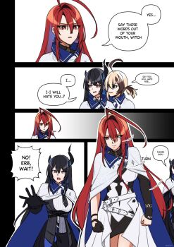 Rule 34 | 3girls, ahoge, akkanen, asymmetrical horns, black hair, blue fire, blue hair, breasts, brown hair, cloak, colored inner hair, comic, commentary, demon horns, elizabeth rose bloodflame, english commentary, english text, enigmatic recollection, fire, gigi murin, hair ornament, highres, hololive, hololive english, horns, huge ahoge, long hair, looking at viewer, mole, mole under eye, multicolored hair, multiple girls, nerissa ravencroft, nerissa ravencroft (1st costume), open mouth, red eyes, red hair, short hair, smile, two-tone hair, uneven horns, very long hair, virtual youtuber