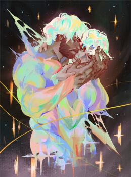 2boys arcane:_league_of_legends arcane_jayce beard commentary english_commentary facial_hair hand_on_another's_face hand_on_another's_head highres holding_hands jayce_(league_of_legends) kiss kissing_cheek lanladeo league_of_legends male_focus multicolored_hair multiple_boys muscular muscular_male sparkle the_kiss viktor_(arcane) viktor_(league_of_legends) yaoi