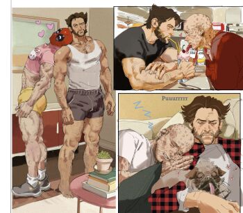 2boys absurdres arm_hair armpit_hair bald barefoot beard black_shirt blush book brown_hair cherry chest_hair closed_eyes closed_mouth couple crop_top dating deadpool deadpool_&amp;_wolverine deadpool_(series) dog dogpool drink drinking drinking_straw drinking_straw_in_mouth dudles facial_hair food fruit full_body hairy hashtag-only_commentary head_on_another&#039;s_shoulder heart hello_kitty highres indoors leg_hair long_sleeves looking_at_another lying lying_on_person male_focus marvel marvel mature_male milkshake multiple_boys muscular muscular_male open_clothes pectorals pillow plaid_clothes plaid_shirt purring red_mask sanrio scar scars_all_over shared_drink shirt shoes short_hair short_sleeves shorts sleeping socks table tank_top too_many white_shirt white_socks white_tank_top wolverine_(x-men) x-men yaoi zzz