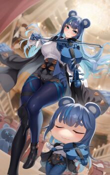 1girl absurdres animal_ears bear_ears bear_girl blue_eyes blue_gloves blue_hair blue_pantyhose breasts closed_eyes closed_mouth corrupted_twitter_file cosplay fujikura_uruka gloves highres holding holding_instrument holding_violin instrument kafka_(honkai:_star_rail) kafka_(honkai:_star_rail)_(cosplay) kimiiki_seikibo kuma_(fujikura_uruka) long_hair pantyhose phase_connect second-party_source shirt violin virtual_youtuber white_shirt