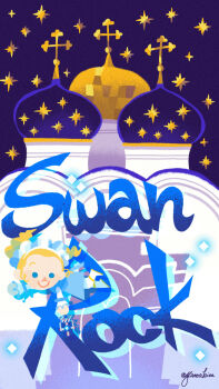 1girl blonde_hair blue_background blue_dress blue_eyes building chibi chibi_only classicaloid closed_mouth commentary dress drill_hair highres holding_baton long_hair pyotr_illyich_tchaikovsky_(classicaloid) signature smile solid_circle_eyes solo song_name twin_drills yatta_kita