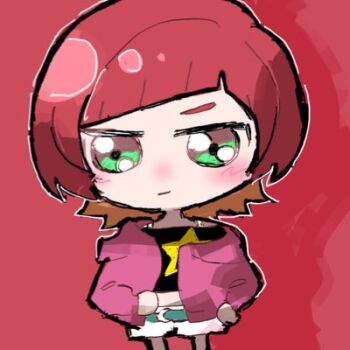 chibi digimon digimon_beatbreak green_eyes hrukkkkk jacket looking_at_viewer sakuya_reina short_hair smile star_(symbol)