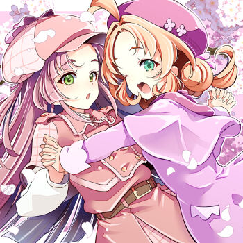 Rule 34 | 2girls, ahoge, akechi anna, beret, blue eyes, capelet, commentary, double bun, dress, flower, green eyes, hair bun, hamuhamu, hat, kobayashi mikuru, light frown, long hair, long sleeves, looking at viewer, looking back, low twintails, medium hair, meitantei precure!, multiple girls, newsboy cap, one eye closed, open mouth, petals, pink hair, precure, purple capelet, purple dress, purple hair, purple hat, red capelet, red dress, red hat, short twintails, smile, standing, twintails, two side up