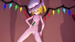 1girl 3d animated anus blonde_hair blush breasts cucumber cum female_ejaculation flandre_scarlet flat_chest food fruit highres huge_filesize loli masturbation music naughty_face navel nipples nude object_insertion on_bed open_mouth pussy pussy_juice red_eyes sound spread_legs touhou video wings