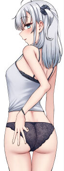 1girl absurdres ass black_bra black_panties bra camisole commentary_request grey_eyes highres kantai_collection kiritto long_hair looking_at_viewer looking_back one_side_up panties simple_background solo suzutsuki_(kancolle) underwear w white_background white_camisole