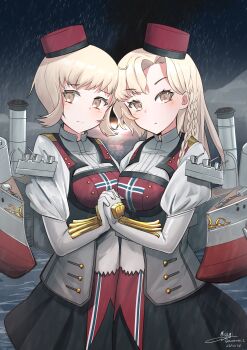 2girls absurdres asymmetrical_hair black_skirt blonde_hair braid eidsvold_(kancolle) gloves hat highres holding_hands kantai_collection long_hair looking_at_viewer multiple_girls norge_(kancolle) rain red_hat rigging short_hair skirt smokestack standing teisei_misagi white_gloves