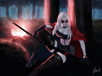 1girl abs absurdres ankle_boots artist_name asymmetrical_clothes black_gloves boots breasts campfire cleavage dungeon_and_fighter elbow_gloves female_focus female_slayer_(dungeon_and_fighter) fire gloves high_heel_boots high_heels highres jacket large_breasts long_hair looking_over_eyewear looking_over_glasses outdoors sitting solo sunglasses sword tagme thighhighs tinted_eyewear weapon white_hair xphlln