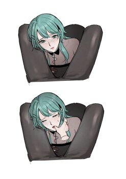 2girls aqua_eyes aqua_hair black_dress black_pantyhose blush chief_(path_to_nowhere) closed_mouth commentary_request dress female_chief_(path_to_nowhere) female_pov finger_in_another&#039;s_mouth highres korean_commentary looking_at_viewer multiple_girls nightingale_(path_to_nowhere) nyongg pantyhose path_to_nowhere pov yuri