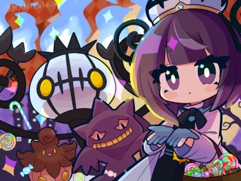 1girl banette basket black_dress blue_gloves blunt_bangs bob_cut candy candy_cane chandelure closed_mouth coat dress food gen_3_pokemon gen_5_pokemon gen_6_pokemon gloves gwynn_(pokemon) halloween hat highres holding holding_basket lollipop long_sleeves looking_at_viewer nikoru nintendo open_clothes open_coat open_hands partially_fingerless_gloves pokemon pokemon_(creature) pokemon_legends:_z-a pumpkaboo purple_eyes purple_hair short_hair star_(symbol) star_in_eye swirl_lollipop symbol_in_eye twitter_username white_coat