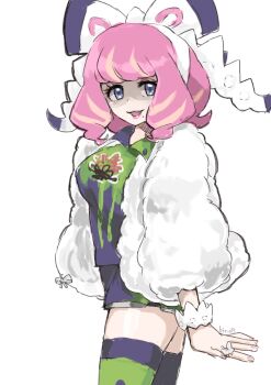 1girl bow bracelet breasts collared_shirt drill_hair drill_sidelocks eyeshadow flipped_hair fur_jacket hair_bow hairband highres hino_(8) jacket jewelry klara_(pokemon) makeup medium_breasts mole mole_under_mouth nintendo pink_eyeshadow pink_hair pink_lips pokemon pokemon_swsh print_shirt purple_eyes ring shaded_face shirt short_hair shorts side_slit side_slit_shorts sidelocks sketch smile solo two-tone_shirt two-tone_shorts two-tone_thighhighs white_bow white_hairband