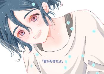 1boy blue_hair blush falling_flower gundam gundam_gquuuuuux highres looking_at_viewer lower_eyelashes_only male_focus miz_iros open_mouth ponytail red_eyes shirt short_hair shuji_ito simple_background smile solo subtitled upper_body white_background white_shirt