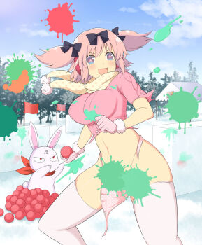 +_+ 1girl :d animal_ears ball black_buruma blue_eyes blue_sky blush bow breasts buruma cloud convenient_censoring day earmuffs flower-shaped_pupils forest fur-trimmed_gloves fur_trim gloves groin hair_bow hibari_(senran_kagura) highres holding holding_ball imminent_throw large_breasts linea_alba looking_at_viewer nature navel ninto_(senran_kagura) non-web_source official_art open_mouth outdoors paintball panties pink_gloves pink_hair pink_panties pink_pupils pink_thighhighs plant polka_dot polka_dot_panties polka_dot_scarf pom_pom_(clothes) pom_pom_scarf rabbit rabbit_ears red_flag red_scarf scarf school_emblem senran_kagura senran_kagura_new_wave senran_kagura_shoujo-tachi_no_shin&#039;ei short_hair short_twintails sidelocks sky smile snow symbol-shaped_pupils tent thighhighs torn_clothes torn_coat torn_panties tree twintails underwear v-shaped_eyebrows wardrobe_malfunction winter yellow_scarf