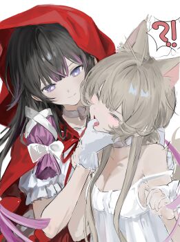 !? 2girls absurdres alternate_costume animal_ear_fluff animal_ears bare_shoulders black_hair blush bow brown_hair cape capelet cat_ears cat_girl choker cloak closed_eyes closed_mouth columbina_(genshin_impact) commentary dress extra_ears finger_in_another's_mouth frilled_sleeves frills genshin_impact gloves hair_bow hair_ribbon halation_pupils highres hood hood_up hooded_cape hooded_capelet kemonomimi_mode kocokooo long_hair long_sidelocks multicolored_hair multiple_girls nightgown off_shoulder paw_pose purple_eyes purple_hair purple_streaks red_capelet red_cloak red_hood ribbon sandrone_(genshin_impact) short_hair short_hair_with_long_locks short_sleeves sidelocks simple_background smile spoken_interrobang streaked_hair two-tone_hair untranslatable_commentary unusually_open_eyes very_long_hair white_dress white_nightgown white_ribbon yuri