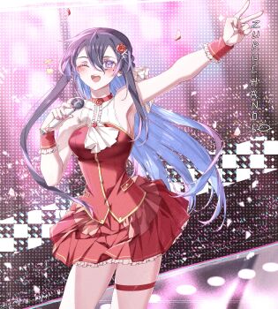 1girl absurdres black_hair blush dress floating_hair hair_ribbon hand_up highres idol kuzuru_(zuru_chan06) long_hair miniskirt mole mole_under_eye multicolored_hair nail_polish one_eye_closed open_mouth original red_dress red_nails ribbon shirt skirt sleeveless sleeveless_shirt smile solo stage thighs two-tone_hair white_ribbon