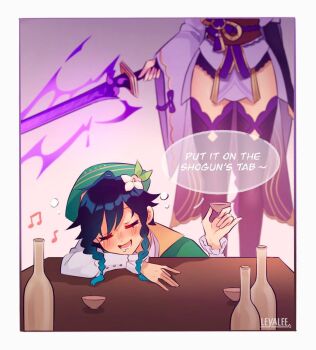 1boy 1girl artist_name black_panties black_thighhighs blurry blurry_background blush bottle braid bridal_gauntlets capelet closed_eyes couple cup depth_of_field drooling drunk flower friends frilled_sleeves frills genshin_impact glowing glowing_sword glowing_weapon gradient_hair green_eyes green_hat hair_between_eyes hair_flower hair_ornament hat head_rest holding holding_cup holding_sword holding_weapon japanese_clothes katana kimono leaning_forward leyalee2 long_sleeves lower_body lower_teeth_only mitsudomoe_(shape) mouth_drool multicolored_hair musou_isshin_(genshin_impact) open_mouth panties pink_background purple_kimono raiden_shogun red_sash sash short_hair side_braids sitting standing sword teeth thick_thighs thighhighs thighs tomoe_(symbol) underwear upper_body venti_(genshin_impact) weapon