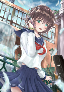 Rule 34 | 1girl, absurdres, aoi erika, black hair, blue eyes, bracelet, commentary request, feathers, flower bracelet, fountain, guitar case, heaven burns red, highres, instrument case, jewelry, kuroe maruru, lamppost, looking at viewer, road sign, school uniform, short hair, sign, skirt