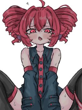 1girl ? ahoge bare_shoulders black_shirt black_sleeves black_thighhighs blush collarbone covering_crotch covering_privates cowboy_shot detached_sleeves drill_hair fang fumomono hair_between_eyes headphones highres kasane_teto kasane_teto_(utau) long_sleeves looking_at_viewer open_mouth red_eyes red_hair shirt simple_background sitting sleeveless sleeveless_shirt solo spread_legs sweat thighhighs twin_drills utau white_background