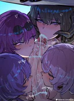1boy 4girls absurdres acheron_(honkai:_star_rail) black_hair black_swan_(honkai:_star_rail) caelus_(honkai:_star_rail) commentary cooperative_fellatio cum cum_in_mouth cum_on_body cum_on_penis demon_horns english_commentary eyewear_on_head fellatio hat hetero highres honkai:_star_rail honkai_(series) horns kafka_(honkai:_star_rail) licking licking_penis long_hair mole mole_under_eye multiple_girls oral penis pov purple_eyes purple_hair sun_hat teamwork_(sexual) the_dahlia_(honkai:_star_rail) trailblazer_(honkai:_star_rail) uncensored white_hat zergbrush
