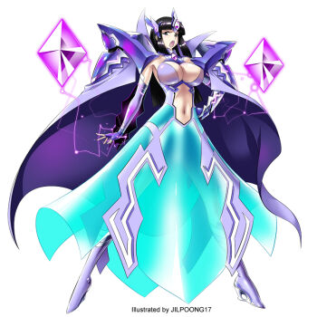 Rule 34 | 1girl, armor, armpits, artist name, black hair, breasts, cape, center opening, cleavage, commentary request, elbow gloves, fantasy, fantasy defense, fingerless gloves, floating, floating gem, floating object, gem, gloves, hand on own hip, high heels, hime cut, jilpoong17, large breasts, legs apart, long hair, looking at viewer, navel, official art, open mouth, purple armor, purple cape, purple electricity, purple gem, revealing clothes, see-through clothes, shoulder armor, sleeveless, solo, standing, wizard